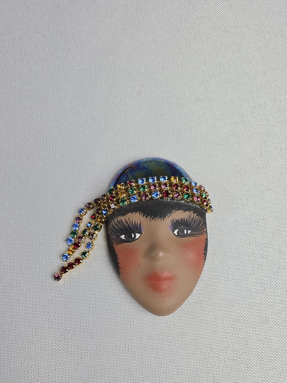 Artisan Hand Painted Lady Face Brooch Rhinestone Accent Flapper Style Pin Jewel